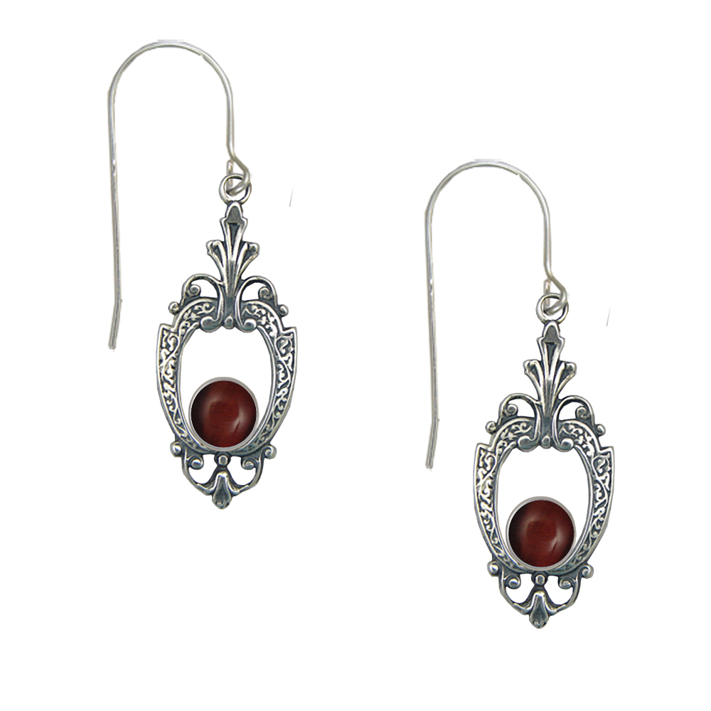 Sterling Silver Victorian Red Tiger Eye Drop Dangle Earrings